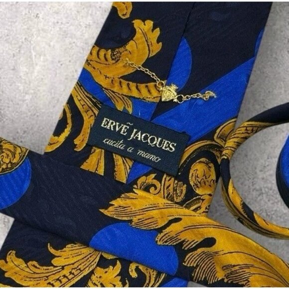 ERVÉ JACQUES Silk Tie ITALY Navy Blue Gold Striped Baroque W:3.8" EUC - Picture 2 of 5